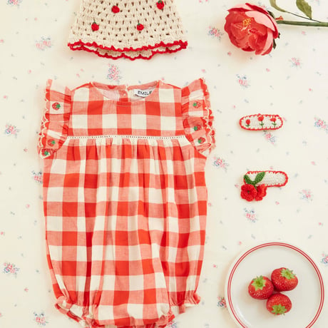 【Emile et Ida】 STRAWBERRY EMBROIDERED ROMPER - VICHY ROUGE