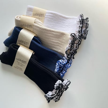 アウトレット【 Collegien × mik&co  special édition】2550  Dot  Embroidered Ruffle Ribbed Knee-high Socks