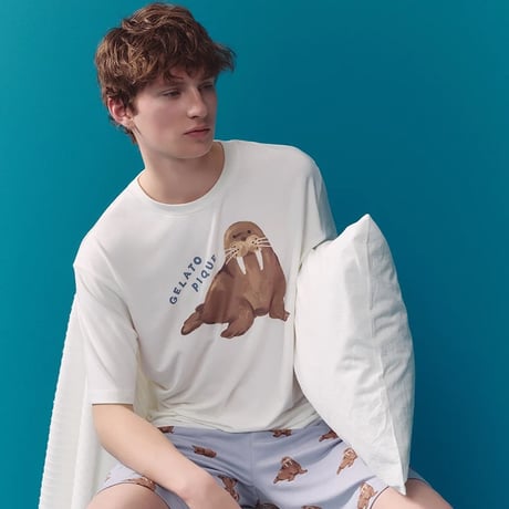 【 gelato pique 】 PMCP262282 HOMME接触冷感ｼｰｱﾆﾏﾙ柄ハーフパンツ BLU（メンズsize M, L）