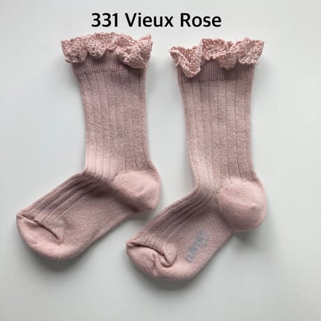 【Collegien】6062  Victorine - Glitter Ribbed Crew Socks with Lace Trim