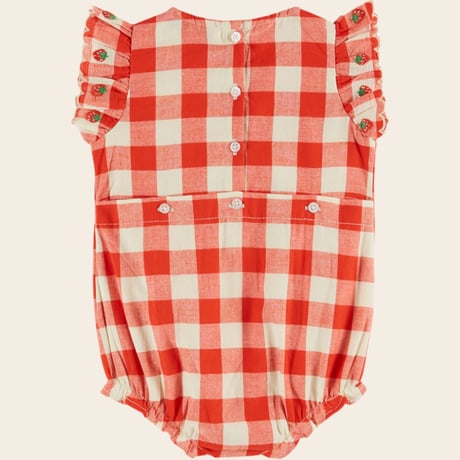 【Emile et Ida】 STRAWBERRY EMBROIDERED ROMPER - VICHY ROUGE