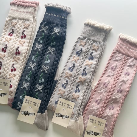 【 Collegien 】Cerise - Jacquard Cherries and Bows Knee-high Socks