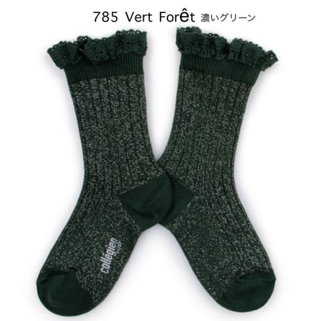 【Collegien】6062  Victorine - Glitter Ribbed Crew Socks with Lace Trim