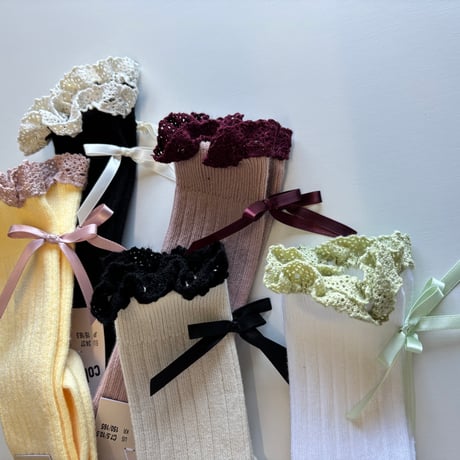 【Collégien】2986 Domitille - Ribbed Knee-high Socks with Lace and Bow