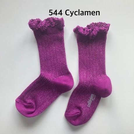 【Collegien】6062  Victorine - Glitter Ribbed Crew Socks with Lace Trim