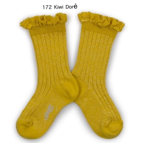 【Collegien】6062  Victorine - Glitter Ribbed Crew Socks with Lace Trim