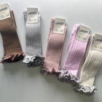 【 Collegien 】2984 Chantal - Ribbed Knee-high Socks with Leopard Hearts Ruffle