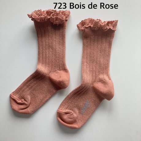 【Collegien】6062  Victorine - Glitter Ribbed Crew Socks with Lace Trim
