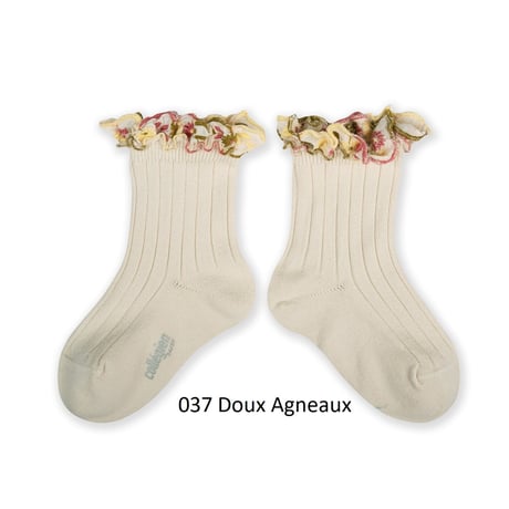 【 Collegien 】3467 Anémone - Embroidered Ruffle Ribbed Ankle Socks