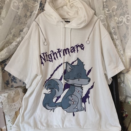 Amilige　Nightmare Wolf 耳付き半袖ジップパーカー