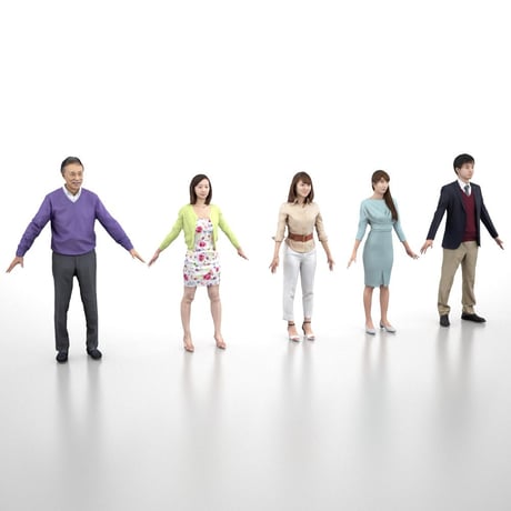 3D人モデルAポーズ5体セット　004_Apose-set
