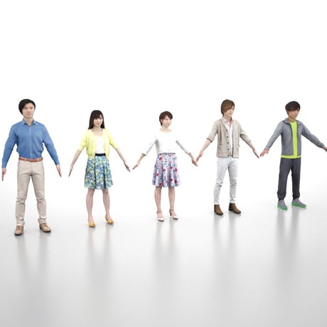 3D人モデルAポーズ5体セット　003_Apose-set