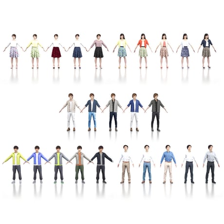 3D人モデルAポーズ5体セット　003_Apose-set