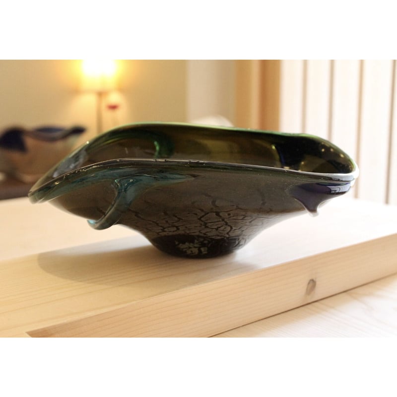 稲嶺盛吉　吹きガラス大鉢　サラダボウル　ほぼ新品　刻印有 沖縄ガラス 沖縄 琉球ガラス 稲嶺盛一郎氏 口巻オーロラ二色変形鉢 ＃1 宙吹き