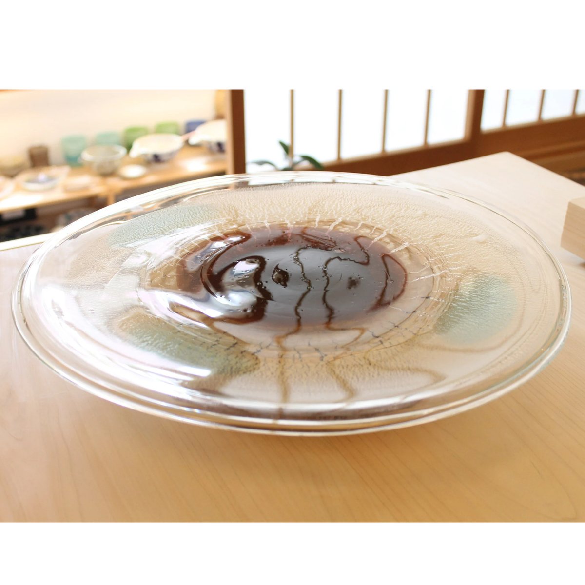 琉球ガラス 稲嶺盛吉さん 土紋中色台付大皿 宙吹きガラス工房虹≪送料
