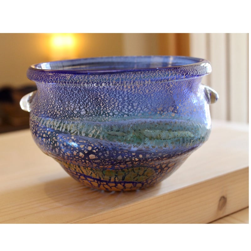 沖縄 琉球ガラス 稲嶺盛一郎氏 土紋手つきアイスペール 宙吹きガラス