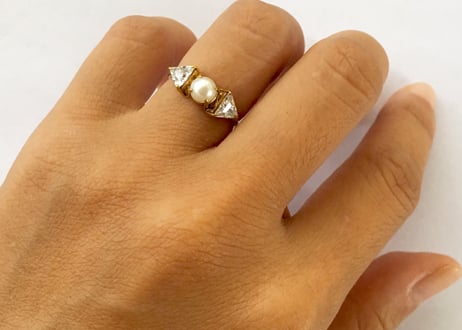 Moon solitaire ring / Pearl , white zircon