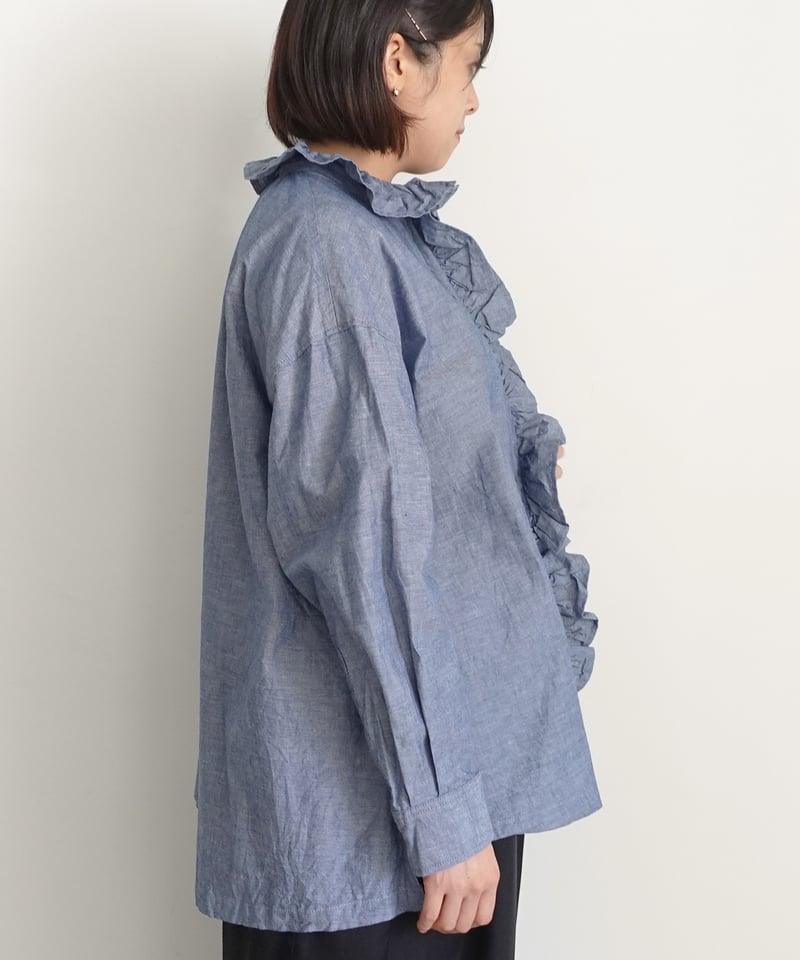 i c h i 250409 Cotton Dungaree Frill Shirt / C
