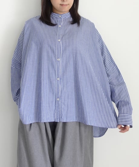 i c h i  260117 Stand Collar Stripe Shirt / D : NAVY STRIPE