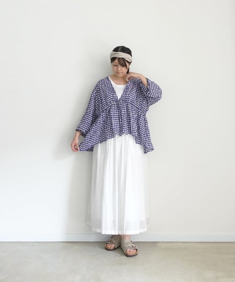 i c h i  251106 Shirring Cloth Cardigan / C : WHITE × BLUE