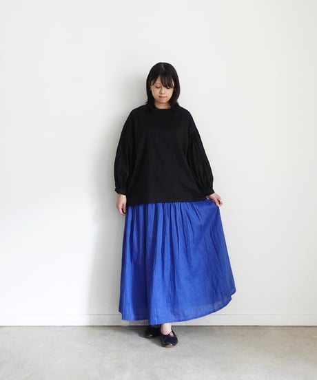 i c h i  251006 French Linen Gathered Skirt / D : BLUE