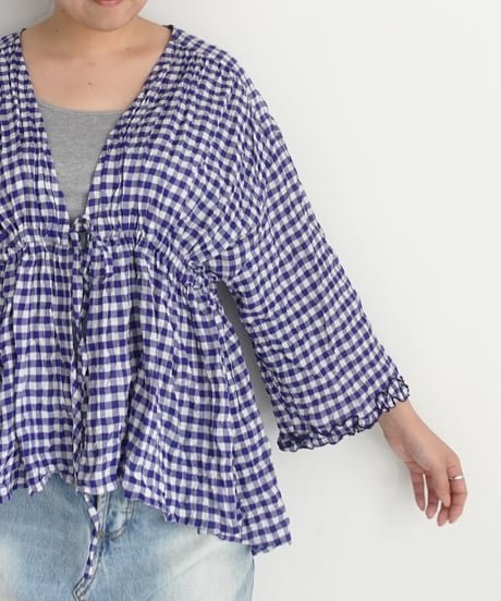 i c h i  251106 Shirring Cloth Cardigan / C : WHITE × BLUE