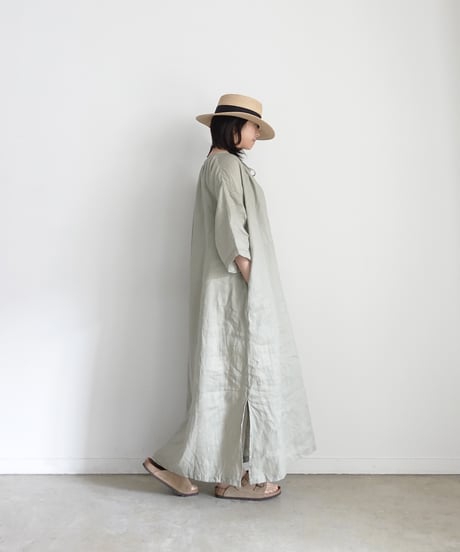 i c h i 251005 French Linen Gathered Dress / C : EARTH KHAKI