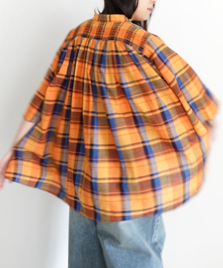 i c h i 251008  Cotton Check Band Collar Blouse / B : ORANGE