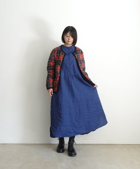 ichiAntiquités 1100314 INDIGO Linen Band Collar Dress / A : INDIGO