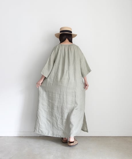 i c h i 251005 French Linen Gathered Dress / C : EARTH KHAKI