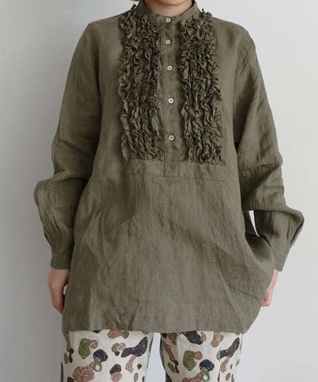 ichiAntiquités 1000936  Linen Frill Blouse / B : OLIVE