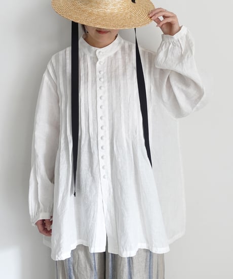 ichiAntiquités 1100913  French Linen Band Collar Tuck Shirt / 3 COLORS