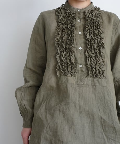 ichiAntiquités 1000936  Linen Frill Blouse / B : OLIVE