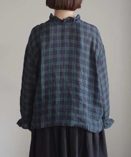 【 LIMITED COLLECTION 】Antiquités noir 1001201  Linen Frill Blouse / A : BLACK WATCH