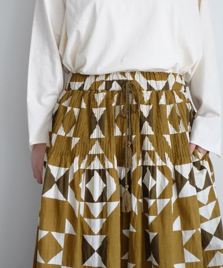 ichiAntiquités 1000943 INDIA Block Print Pin Tuck Skirt / A : KHAKI