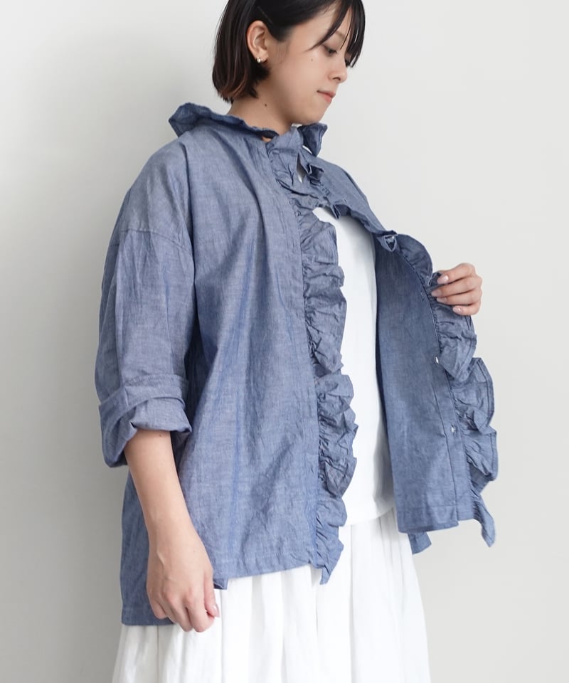 i c h i 250409 Cotton Dungaree Frill Shirt / C