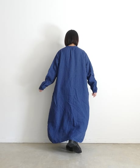 ichiAntiquités 1100314 INDIGO Linen Band Collar Dress / A : INDIGO