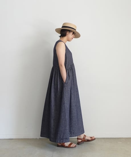 ichiAntiquités 1000924 Linen Cotton DENIM Sleeveless Dress / 2 COLORS