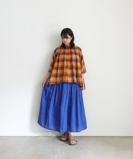 i c h i  251006 French Linen Gathered Skirt / D : BLUE