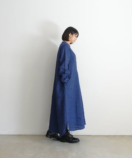 ichiAntiquités 1100314 INDIGO Linen Band Collar Dress / A : INDIGO