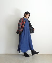 ichiAntiquités 1100314 INDIGO Linen Band Collar Dress / A : INDIGO