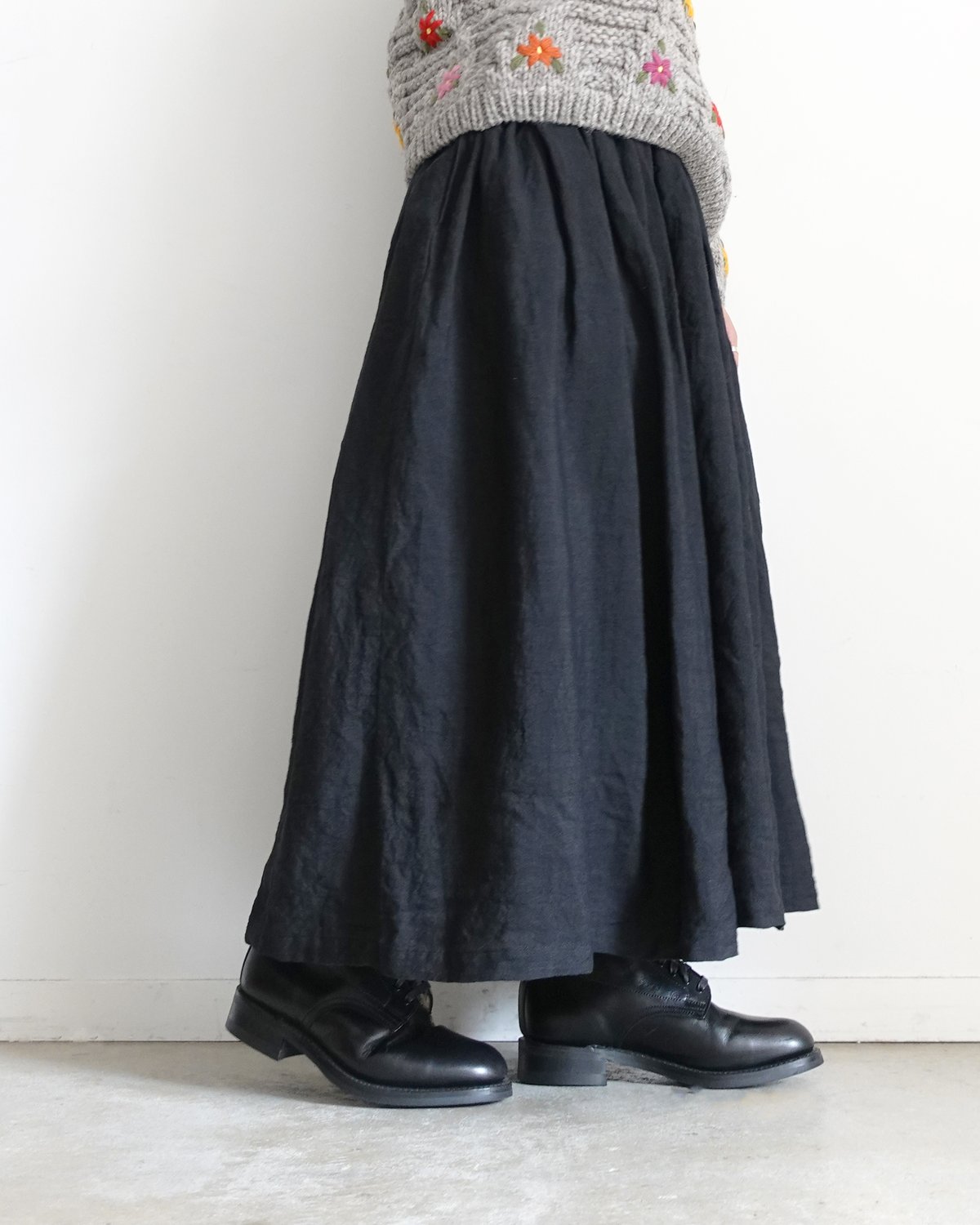 Antiquités noir Linen Gather Skirt Namu Shop - Ichi Antiquites French Linen Skirt - Black