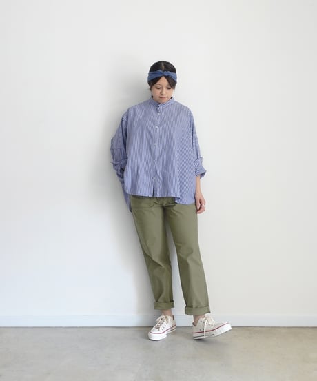 i c h i  260117 Stand Collar Stripe Shirt / D : NAVY STRIPE