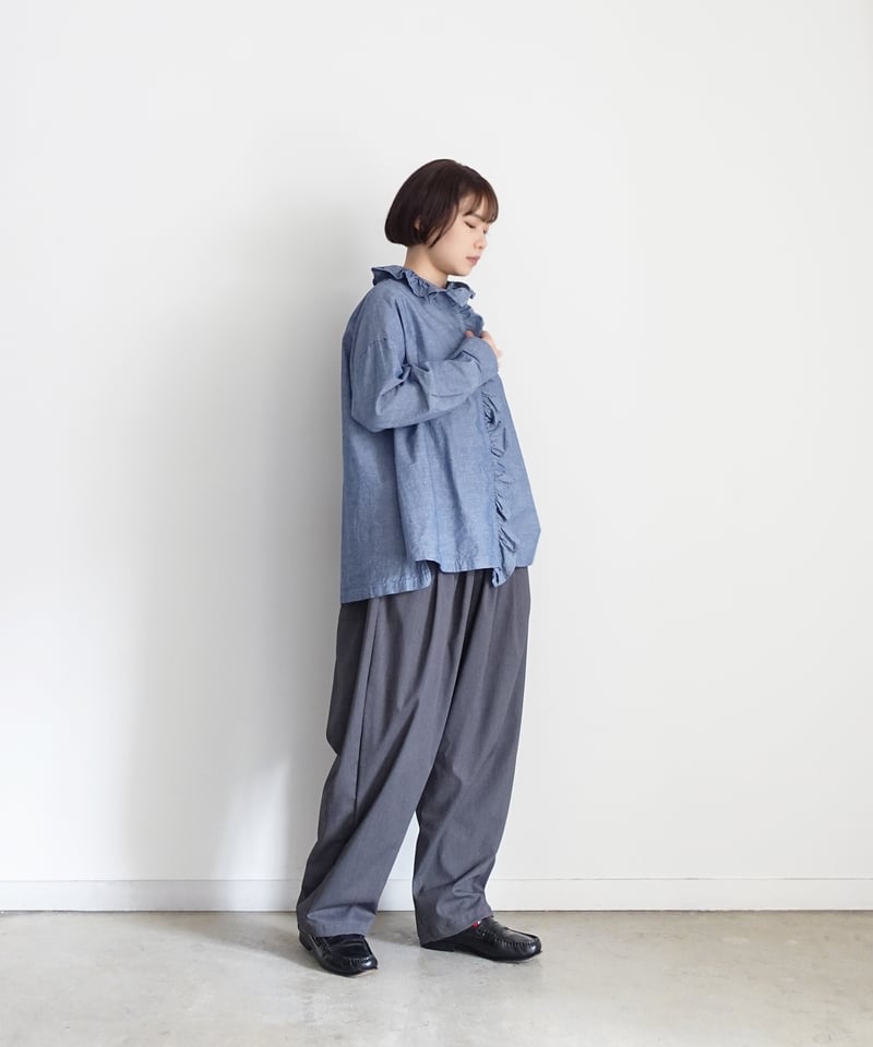 i c h i 250409 Cotton Dungaree Frill Shirt / C