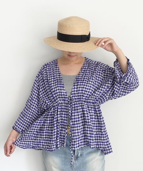i c h i  251106 Shirring Cloth Cardigan / C : WHITE × BLUE