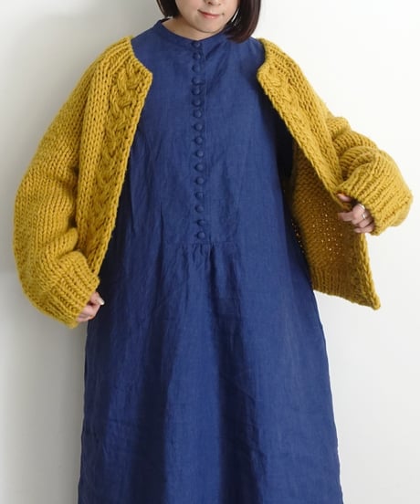 ichiAntiquités 1100314 INDIGO Linen Band Collar Dress / A : INDIGO