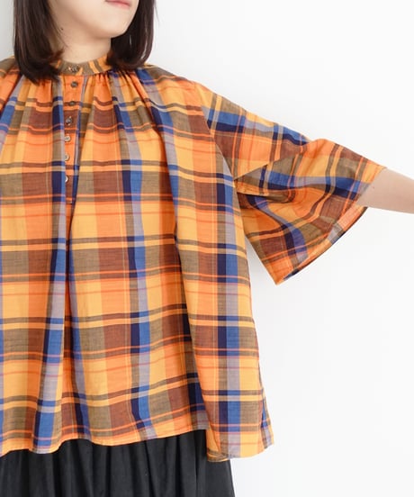 i c h i 251008  Cotton Check Band Collar Blouse / B : ORANGE