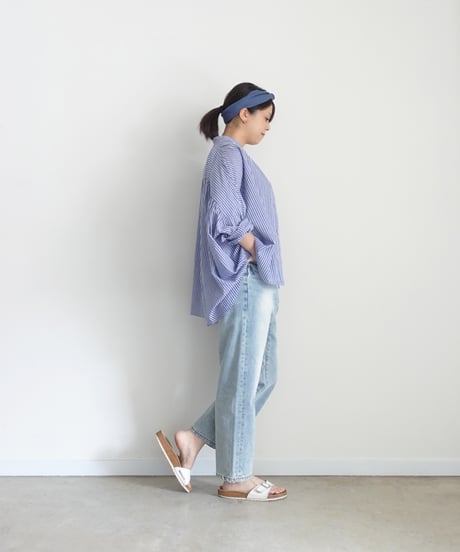 i c h i  260117 Stand Collar Stripe Shirt / D : NAVY STRIPE