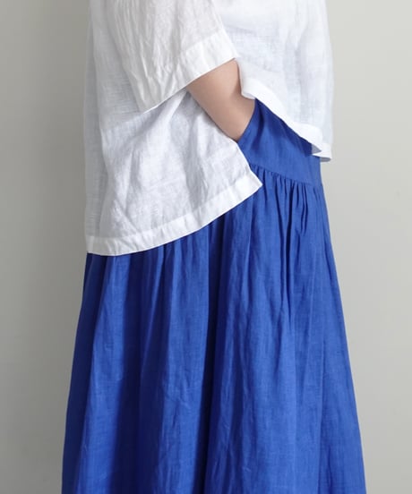 i c h i  251006 French Linen Gathered Skirt / D : BLUE