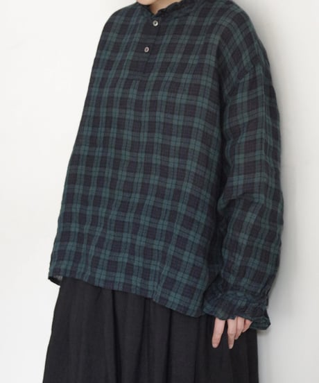 【 LIMITED COLLECTION 】Antiquités noir 1001201  Linen Frill Blouse / A : BLACK WATCH